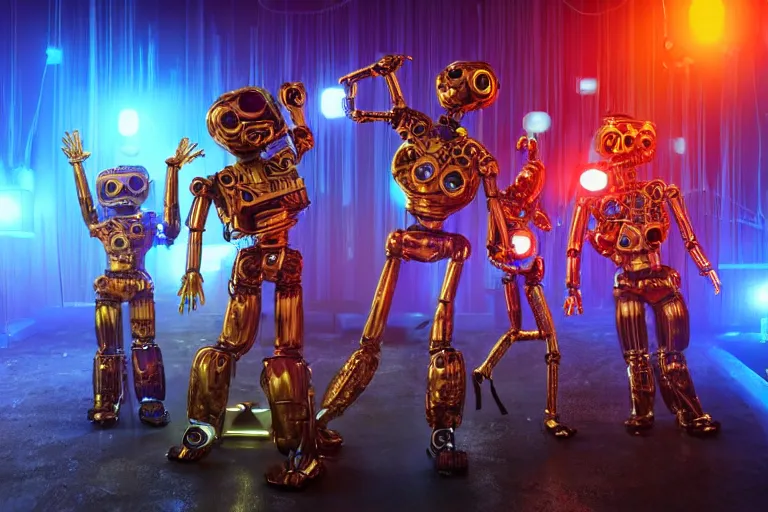 Image similar to scene from the voice of america, on stage are 4 golden and blue metal humanoid steampunk robots dancing, robots are wearing and gears and tubes, eyes are glowing red lightbulbs, shiny crisp finish, 3 d render, 8 k, insaneley detailed, fluorescent colors, nightlight