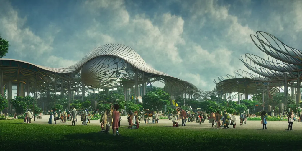 Image similar to expo 6 7 pavillion, solarpunk, studio ghibli, jean - baptiste monge, octane render, 4 k, symmetry