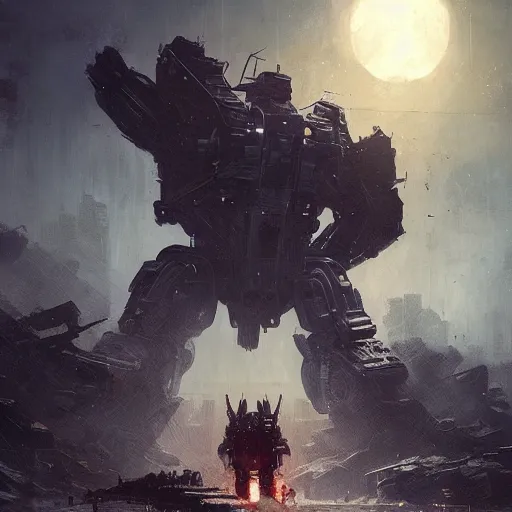 Image similar to giant robots in a post apocalyptic earth as seen by greg rutkowski, dark theme, enchanted, warm colors, high quality, waw, trending on artstation