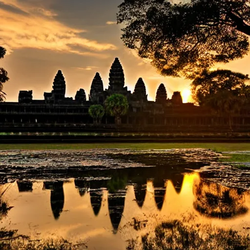 Image similar to angkor wat with water falls, sunset magic hour backlit photography