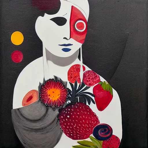 Prompt: “art in an Australian artist’s apartment, portrait of a woman wearing stained white cotton cloth, yin Yang, golf leaf, stained by fresh raspberries and strawberries and blueberries, white wax, edible flowers, Japanese pottery, Australian native white and red flowers ikebana, black walls, acrylic and spray paint and oilstick on canvas”