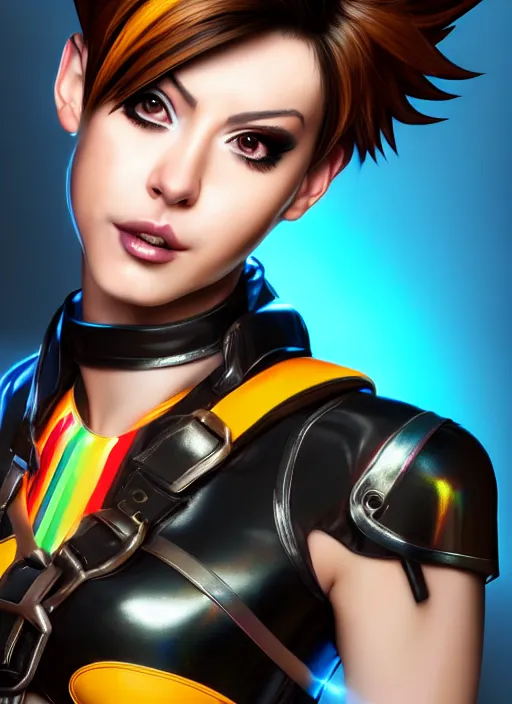 Image similar to hyperrealistic style portrait digital artwork of tracer overwatch, confident pose, wearing black iridescent rainbow latex, 4 k, expressive happy smug expression, makeup, in style of mark arian, wearing detailed black leather collar, wearing sleek armor, black leather harness, expressive detailed face and eyes,