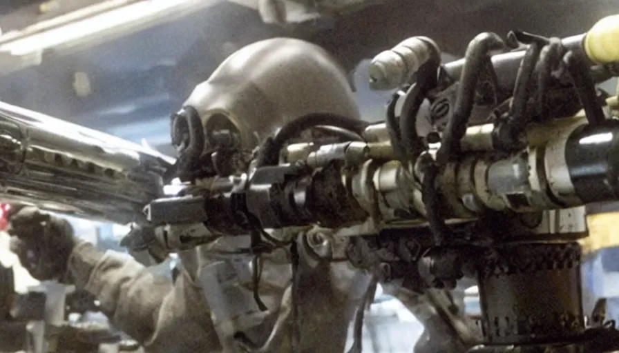Image similar to Big budget horror movie, in an undersea lab, a squid fires a minigun at a cyborg