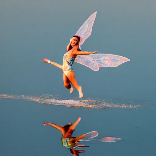 Image similar to flying fairy with wings timidly tipping toe into the center of a lake