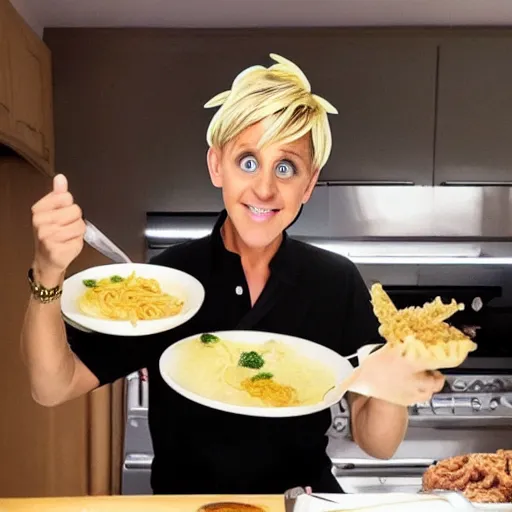 Prompt: Ellen DeGeneres cosplaying as Naruto and eating ramen noodles, absurd, surreal, high quality