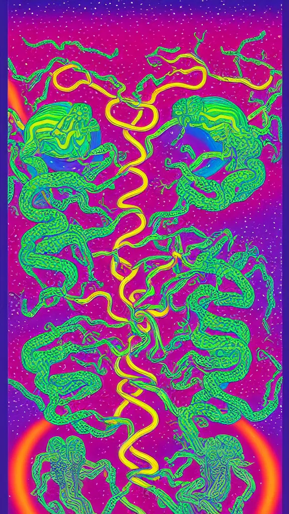 Prompt: a portrait of a lernaean hydra with human heads and psychedelic arms on an acid trip in a multicoloured rainbow in the cosmos, flat design, screen print by Kawase Hasui and alex grey, 8k unreal engine