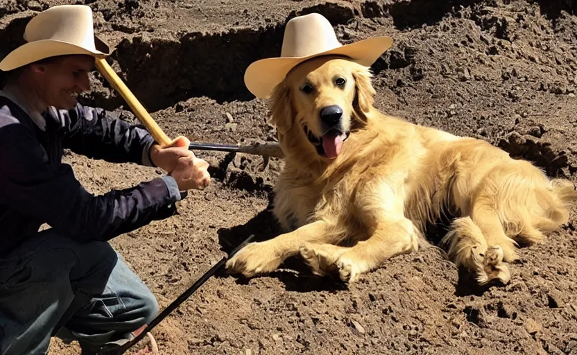 Image similar to photo of a golden retriever in a gold mine wearing a western hat and finding gold nuggets with a pickaxe