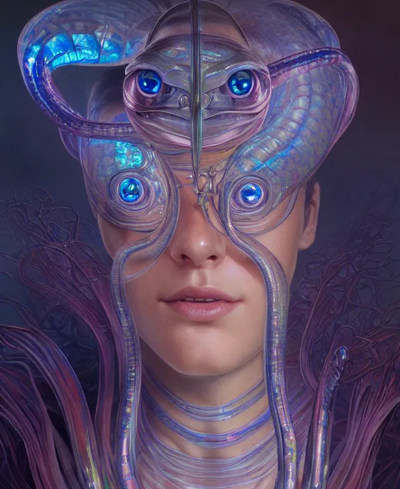 Prompt: intricate opalescent transparent portrait of a disturbing beautiful alien snake creature, mottling coloring, adorable, childlike, medical equipment hospital environment, ultra realistic, concept art, art nouveau, photorealistic, octane render, 8 k, unreal engine. art by christopher marley and artgerm and greg rutkowski and alphonse mucha