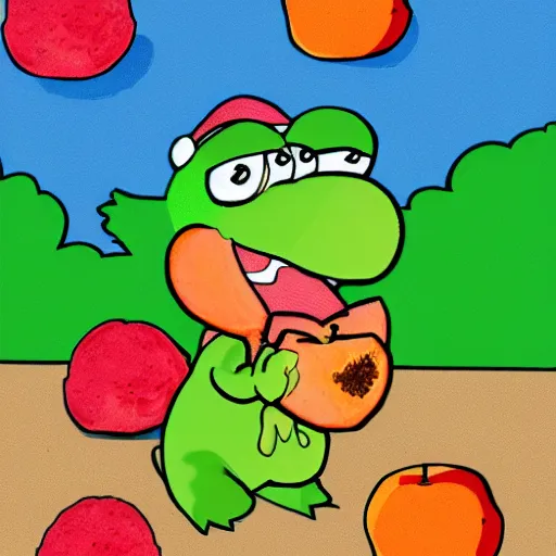 Prompt: cartoon of yoshi eating a pile of apples