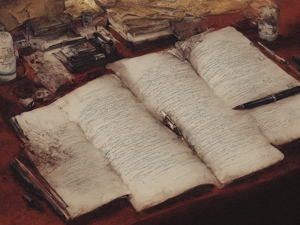 Image similar to detailed painting of a book bleeding ink onto a desk, by John Howe and Krenz Cushart