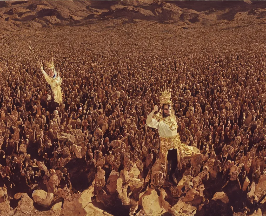 Prompt: salvador dali wearing a crown and jewels in front of a huge crowd in a dry rocky desert landscape, film still from the movie by alejandro jodorowsky with cinematogrophy of christopher doyle and art direction by hans giger, anamorphic lens, kodakchrome, very detailed photo, 8 k