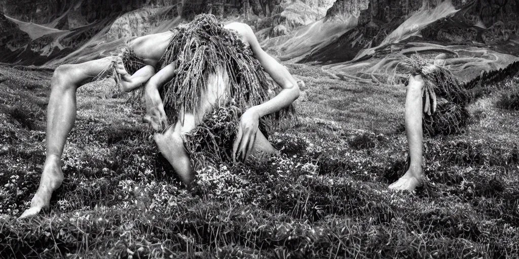Prompt: photography of dancing with alpine tyrolean farmers transforming into root and hay monsters, edelweiss growing from their bodies, feet are roots, dolomites, alpine, detailed intricate insanely detailed octane render, 8k artistic 1920s photography, photorealistic, black and white, chiaroscuro, hd, by David Cronenberg, Raphael, Caravaggio