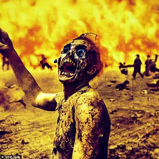 Image similar to selfie of a ukrainian screaming in pain and terrible injuries from a nuclear explosion, everything is on fire and radiation, in the background there are a lot of people like zombies, corpses and skeletons, a large nuclear explosion in the background, people are painted in yellow and blue, all dirty with severed limbs, doomsday