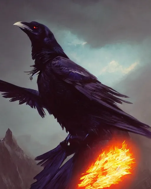 Image similar to oil painting of a Anthropomorphized raven shaman throwing fireball, sharp focus, heroic pose, fantasy style, octane render, volumetric lighting, 8k high definition, by greg rutkowski, highly detailed, trending on art Station, magic the gathering artwork, Mountain background, centered