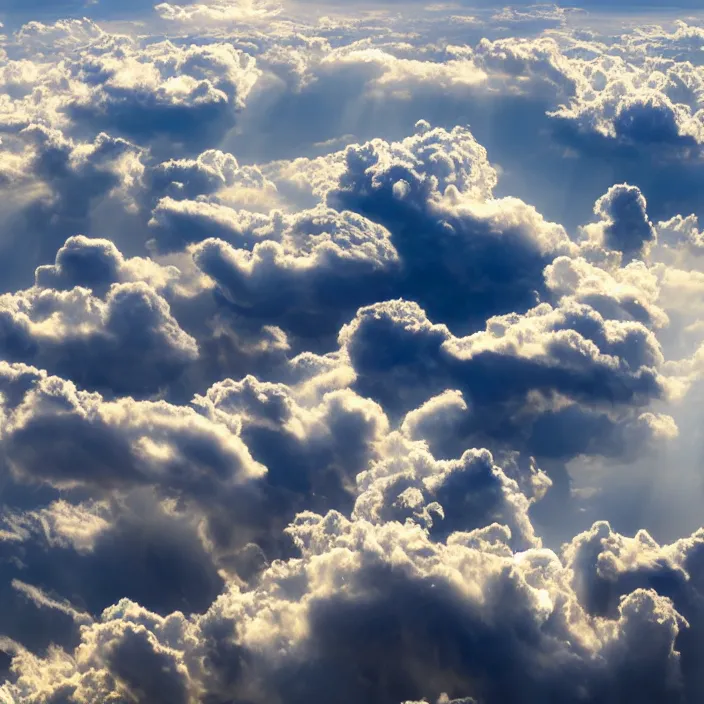 Image similar to Endless storm clouds towering high, seen from a plane, a lightning is visible, no ground visible, very detailed, 8k resolution, pale yellow hue with brown shadows