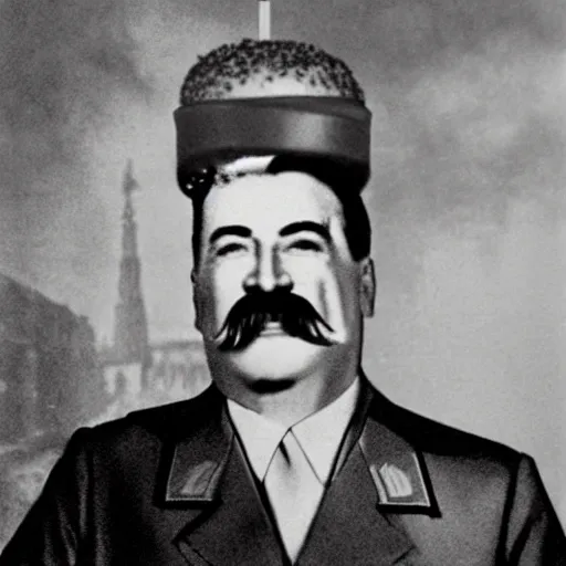 Image similar to stalin uses burger as a head wardrobe