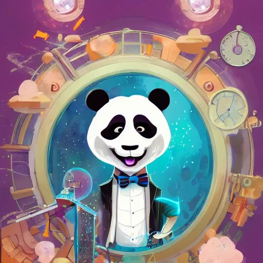 Prompt: anthropomorphic wise wealthy panda travels through time via steampunk portals, pixiv fanbox, dramatic lighting, maximalist pastel color palette, splatter paint, pixar and disney exploded - view drawing, graphic novel by fiona staples and dustin nguyen, peter elson, alan bean, wangechi mutu, clean cel shaded vector art, trending on artstation