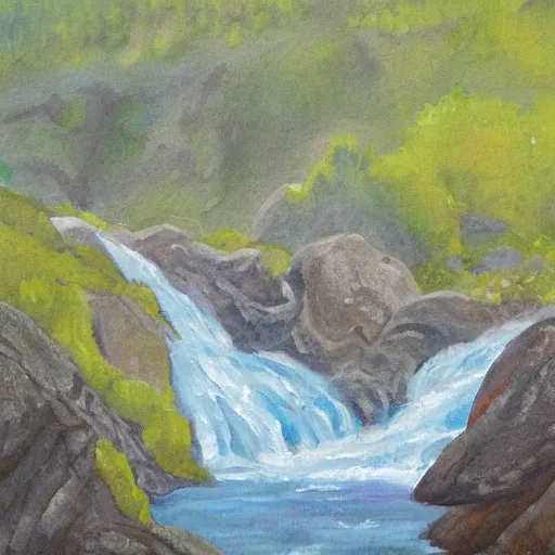 Image similar to portrait of tardigrade at Brooks Falls in Alaska, landscape painting by Moran and George Caitlin