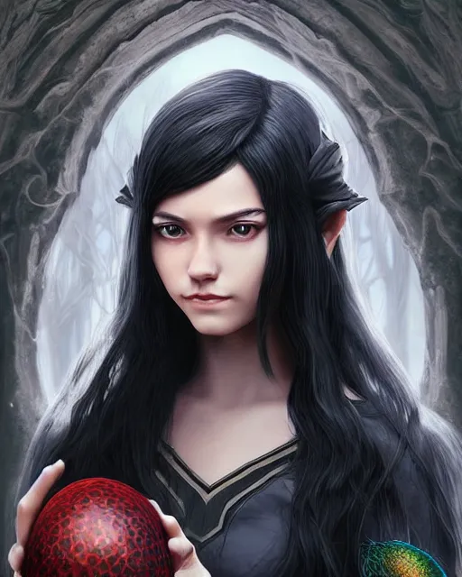 Image similar to portrait of elven teenage mage with long black hair holding dragon egg by artgerm modern fantasy 4 k ultra high resolution