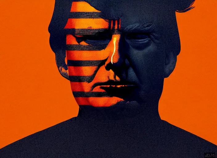 Image similar to Trump in prison, striped outfit ,handcuffed, Mads Berg, Karolis Strautniekas,stippled light, dramatic lighting,fine texutre, editorial illustration,matte print, film noir, dark blue+dark orange+orange+beige+black+white,dynamic composition,moody