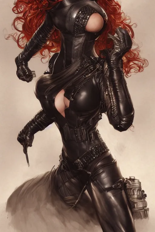 Image similar to muscled Christina Hendricks as a ruggedly handsome heroine , dressed in biker leather, intricate, elegant, highly detailed, centered, digital painting, artstation, concept art, smooth, sharp focus, illustration, art by artgerm and donato giancola and Joseph Christian Leyendecker, Ross Tran, WLOP