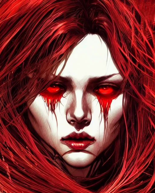 Image similar to brutal close up portrait intense translucent skin vampire, flowing hair, highly detailed, very intricate, graphical errors, going gpu, chromatic aberration, harsh lighting, unreal engine 5, illustration by mandy jurgens and alphonse mucha and yoji shinkawa, black and red only!!!, featured on artstation