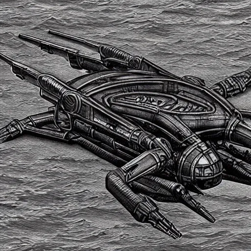 Image similar to realistic amphibious combat mecha in the style of m. c. escher, h. r. giger