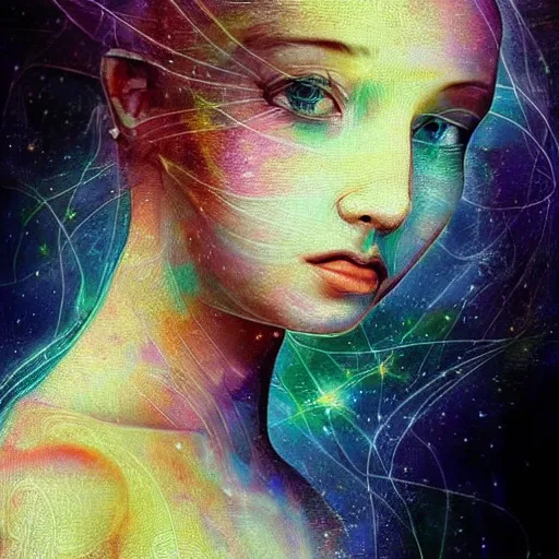 Image similar to beautiful detailed artistic portrait of a person travelling between different astral planes. reality is more interesting than you think. grainy and rough. fine detail. soft colour scheme. artistic painting by lurid ( 2 0 2 2 ). featured on deviantart.