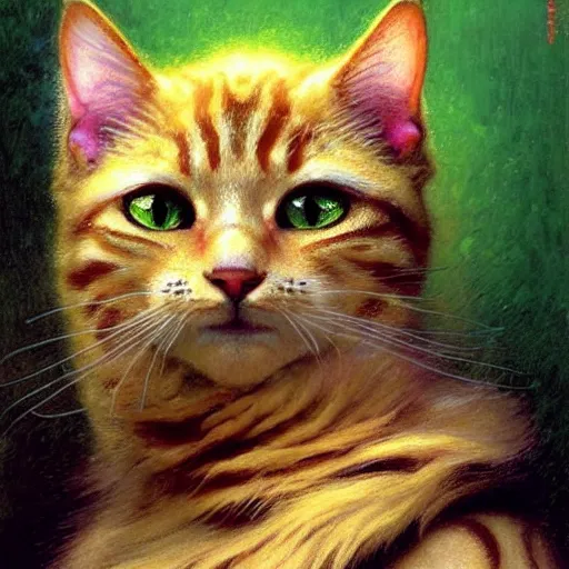 Image similar to a portrait of a humanoid fluffy tabby cat feline with green human eyes wearing a jumpsuit. shadowrun cyberpunk fantasy highly detailed painting by gaston bussiere craig mullins jc leyendecker gustav klimt artgerm greg rutkowski john berkey, bergey, craig mullins, ruan jia, raymond swanland, jeremy mann, tom lovell, alex malveda