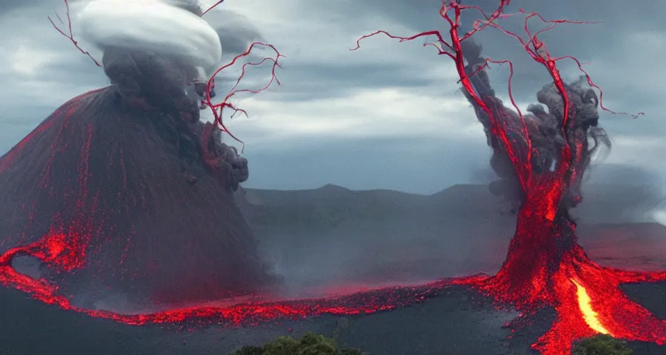Prompt: a volcano made of ivory vines and crimson rocks enters in eruption, it spits a smoke in the shape of demonic eye, by Zack Snyder