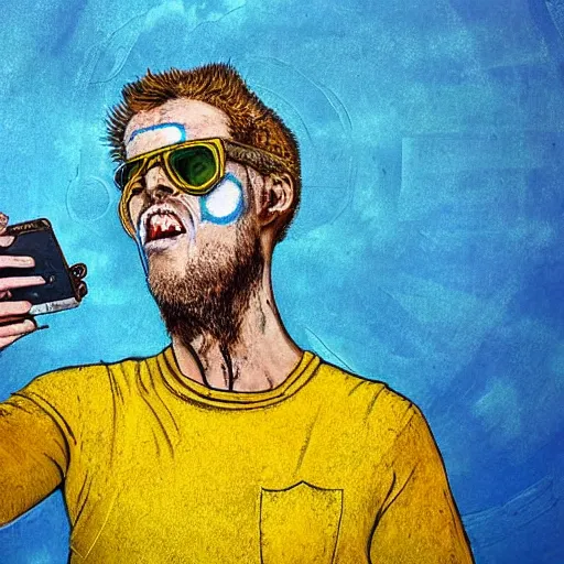 Image similar to selfie, radiation eats a funny ugly ukrainian alive wild pain and despair, painted in dirty yellow - blue colors against the backdrop of a huge nuclear explosion