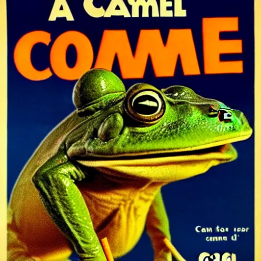 Image similar to A 1960's poster for Camel cigarettes with Camel Joe as a frog smoking a cigarette