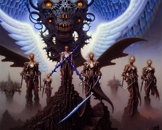 Image similar to the army of darkness and angels, fantasy character portrait made of fractals facing each other, ultra realistic, wide angle, intricate details, the fifth element artifacts, highly detailed by peter mohrbacher, hajime sorayama, wayne barlowe, boris vallejo, aaron horkey, gaston bussiere, craig mullins