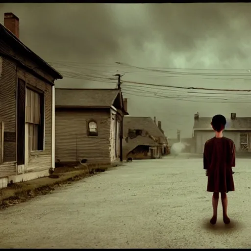 Image similar to Stunning 35mm empty town full of ghostly children floating above the houses, photography, surrealism, dark, Crewdson, Gregory