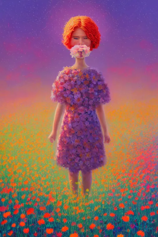 Image similar to girl with flower as a face, flower dress, standing in a flower field, big trees, sunrise dramatic light, impressionist painting, colorful clouds, digital painting, pointillism, artstation, simon stalenhag