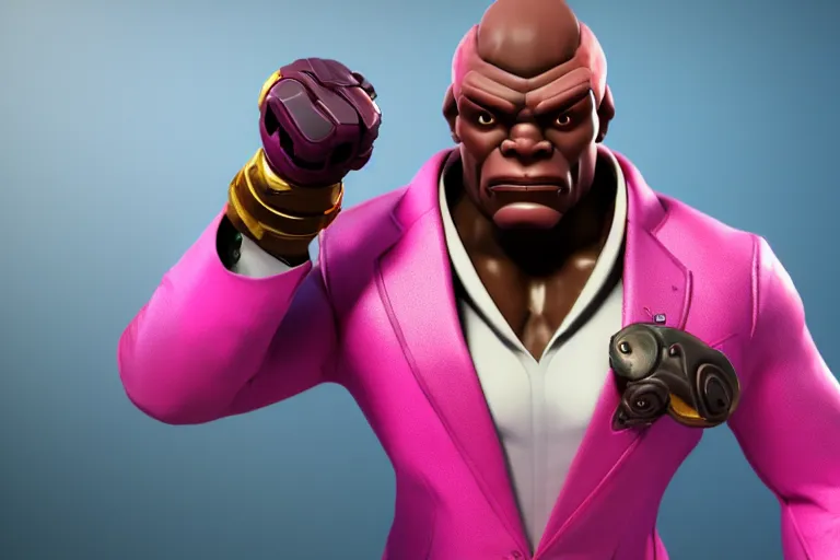 Image similar to doomfist, pink blazer, overwatch game, digital art, high detailed, unreal engine, artstation, 3 d render