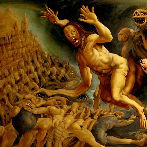 Prompt: demonic creature crawling out of the pits of hell into a city of despair causing great pain, renaissance painting