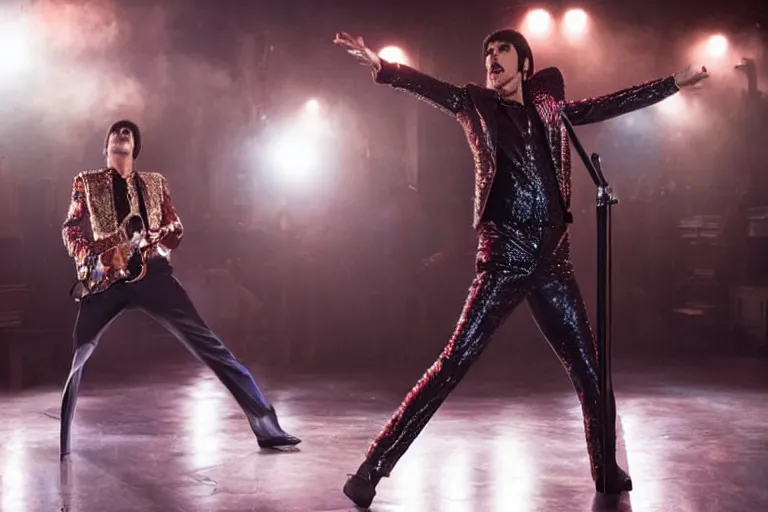 Prompt: promotional image of Sacha Baron Cohen as Freddie Mercury in 'Bohemian Rhapsody' (2018) directed by Dexter Fletcher, detailed face, movie still frame, promotional image, imax 70 mm footage