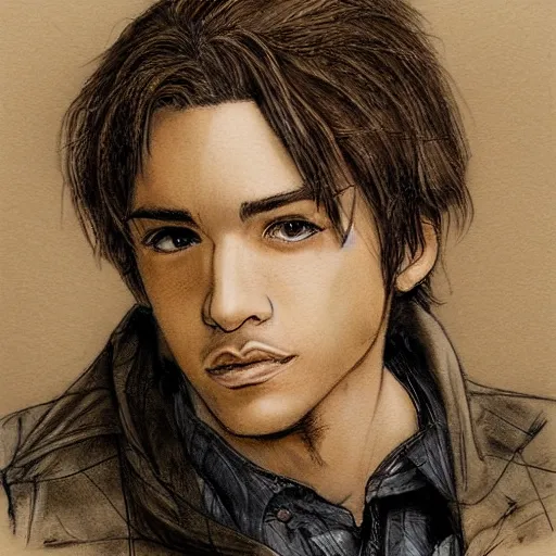 Image similar to self portrait, young white hispanic handsome man with short light brown hair and light skin holding a pug for a picture, pencil art, added detail, high definiton, colored, backfacing, by yoji shinkawa