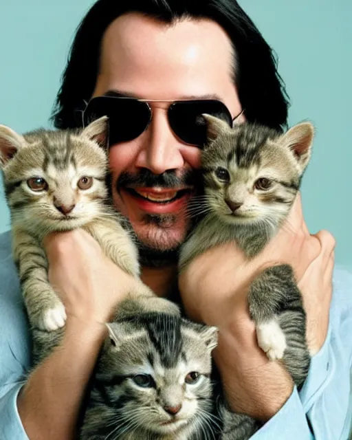 Image similar to “ head and shoulders glamour portrait of keanu reeves smiling at the camera and cradling a half dozen kittens in his arms, pastel colored background, high quality photo, photography, dreamy, 8 k, hd, hdr ”