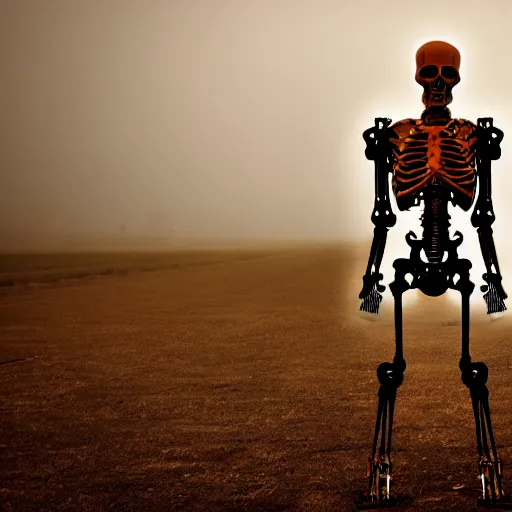 Prompt: Skeletal Cybernetic Man, Abandoned Field, Abandoned City Background, Dark, Dusty, Orange Hue, Old, Scary, Horror, Realistic, 4k, High Detail, High Resolution