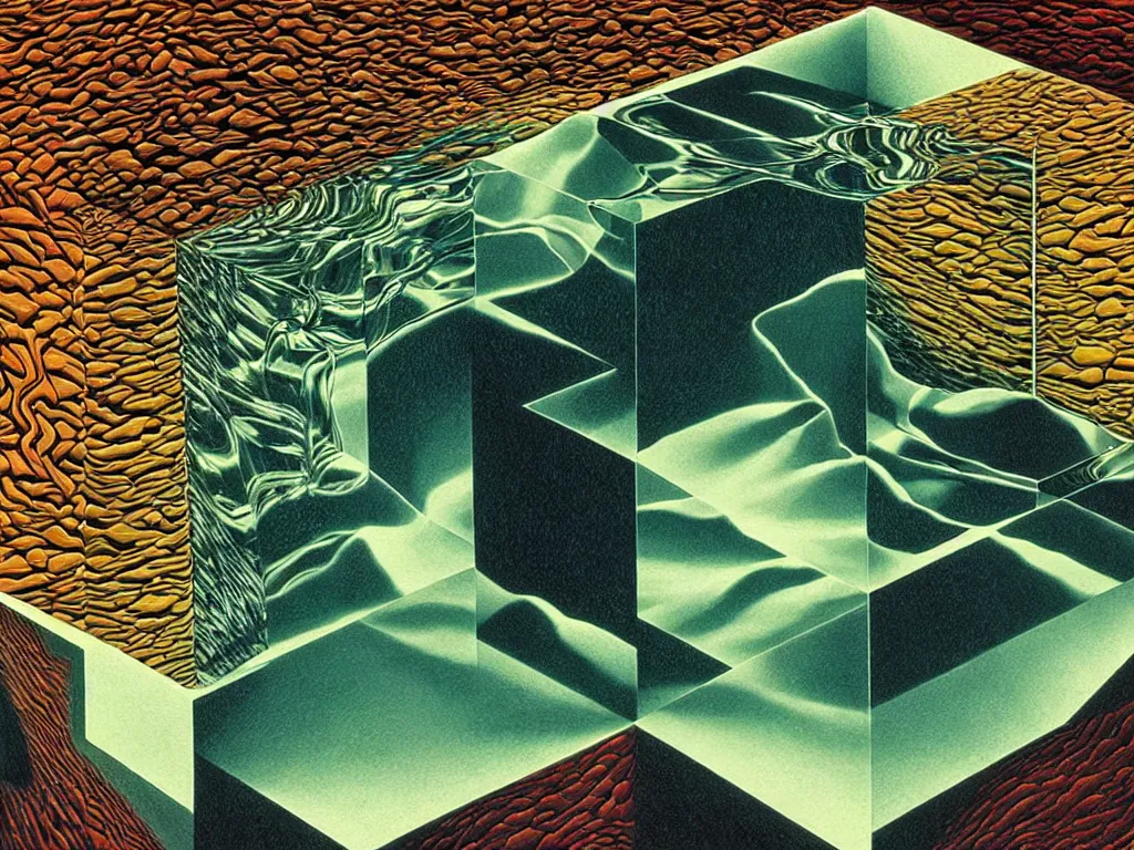 Image similar to hyperrealistic still life portrait of water flowing through a tesseract, impossible shape, by caravaggio, mc escher, and yosumo okuta, botanical print, surrealism, vivid colors