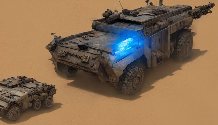 Image similar to an image of an armored vehicle in the desert with blue headlights on by Paul Chadeisson, atmospherical, concept art, high detail, intimidating , cinematic, firing main weapon, muzzle flash, Artstation trending, octane render