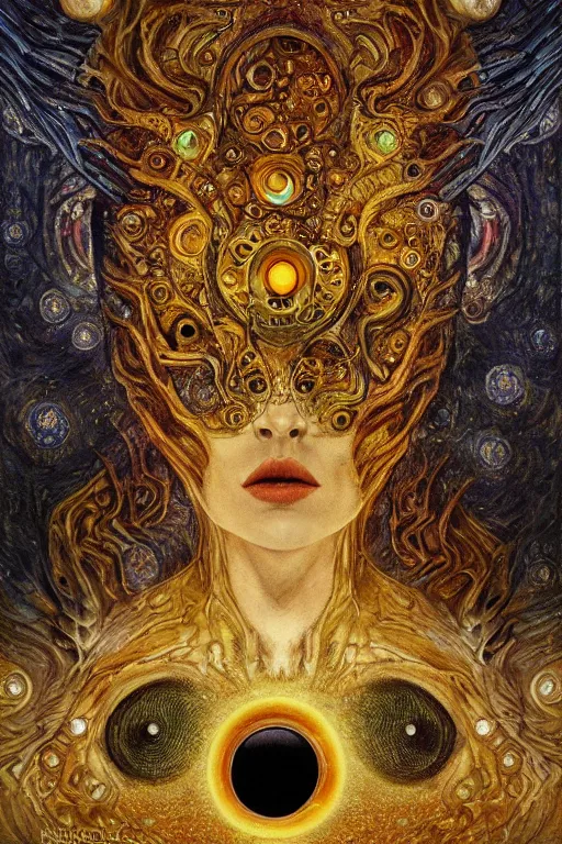 Prompt: The Interdimensional Eye by Karol Bak, Jean Deville, Gustav Klimt, and Vincent Van Gogh, mystic eye, otherworldly, catseye, alien eyes, vortex of monster eyes, fractal structures, arcane, inferno, inscribed runes, infernal relics, ornate gilded medieval icon, third eye, spirals