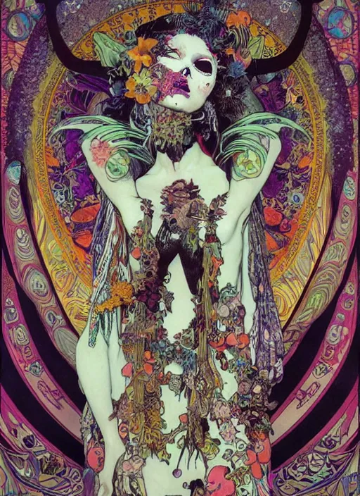 Image similar to cute punk goth fashion fractal Día de los Muertos tattooed alien girl posing, psychedelic poster art of by Victor Moscoso Rick Griffin Alphonse Mucha Gustav Klimt Ayami Kojima Amano Charlie Bowater, masterpiece