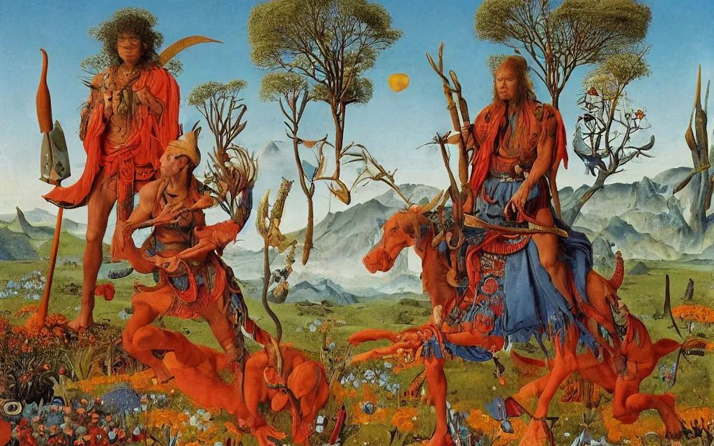 Image similar to a portrait photograph of a meditating shaman and a centaur monk riding a rocket and hunting at a river delta. surrounded by bulbous flowers and trees. mountain range under a blue sky of fiery stars. by jan van eyck, max ernst, ernst haeckel, ernst fuchs and artgerm, cgsociety, fashion editorial, 8 k