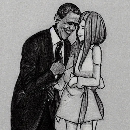 Prompt: A traditional drawing of Barack Obama hugging his anime waifu, detailed, semi chibi style, trending on Pixiv