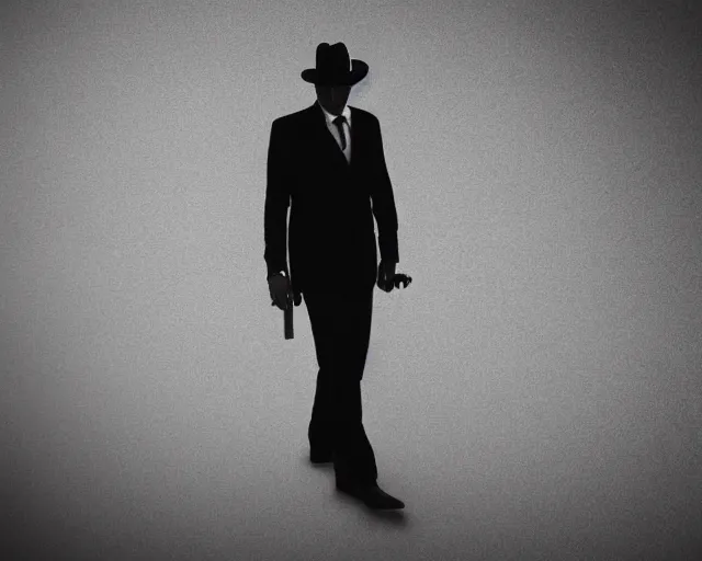 Image similar to a tall and mysterious man in black suit and black fedora hat and black shoes, he has a pistol!!, mysterious, 4 k, highly detailed, digital art, strong shadows, high contrast, epic scene, atmospheric, blue colours, old photo