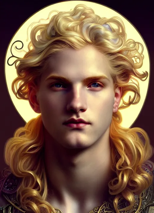 Image similar to portrait of smirking young god apollo, wavy blond hair, bright halo, glowing eyes, volumetric lights, platinum scheme, art nouveau botanicals, gothic, intricate, highly detailed, digital painting, artstation, concept art, smooth, sharp focus, symmetric face, illustration, steampunk, art by artgerm and greg rutkowski and alphonse mucha