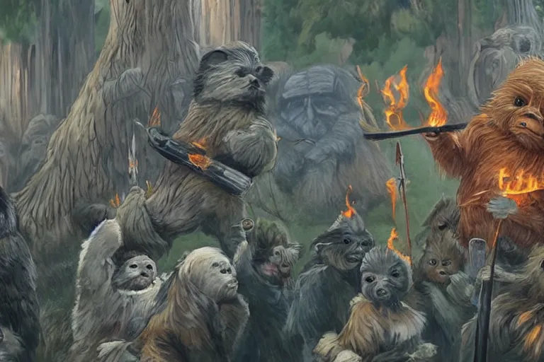 Prompt: ewoks rioting in front of a government building!!!, flaming torches and pitchforks